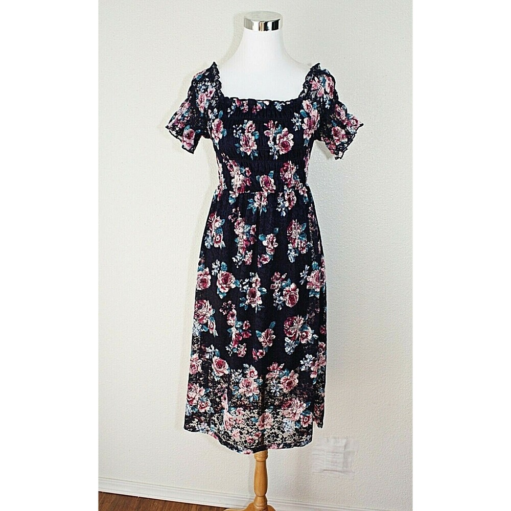 NWOT ALMOST FAMOUS Dress Sz. M Multicolor Floral Tulle Lace Shirred Short Sl #03